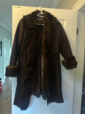 Women's Dark Brown Faux Shearling Trench Coat with Fur Trim